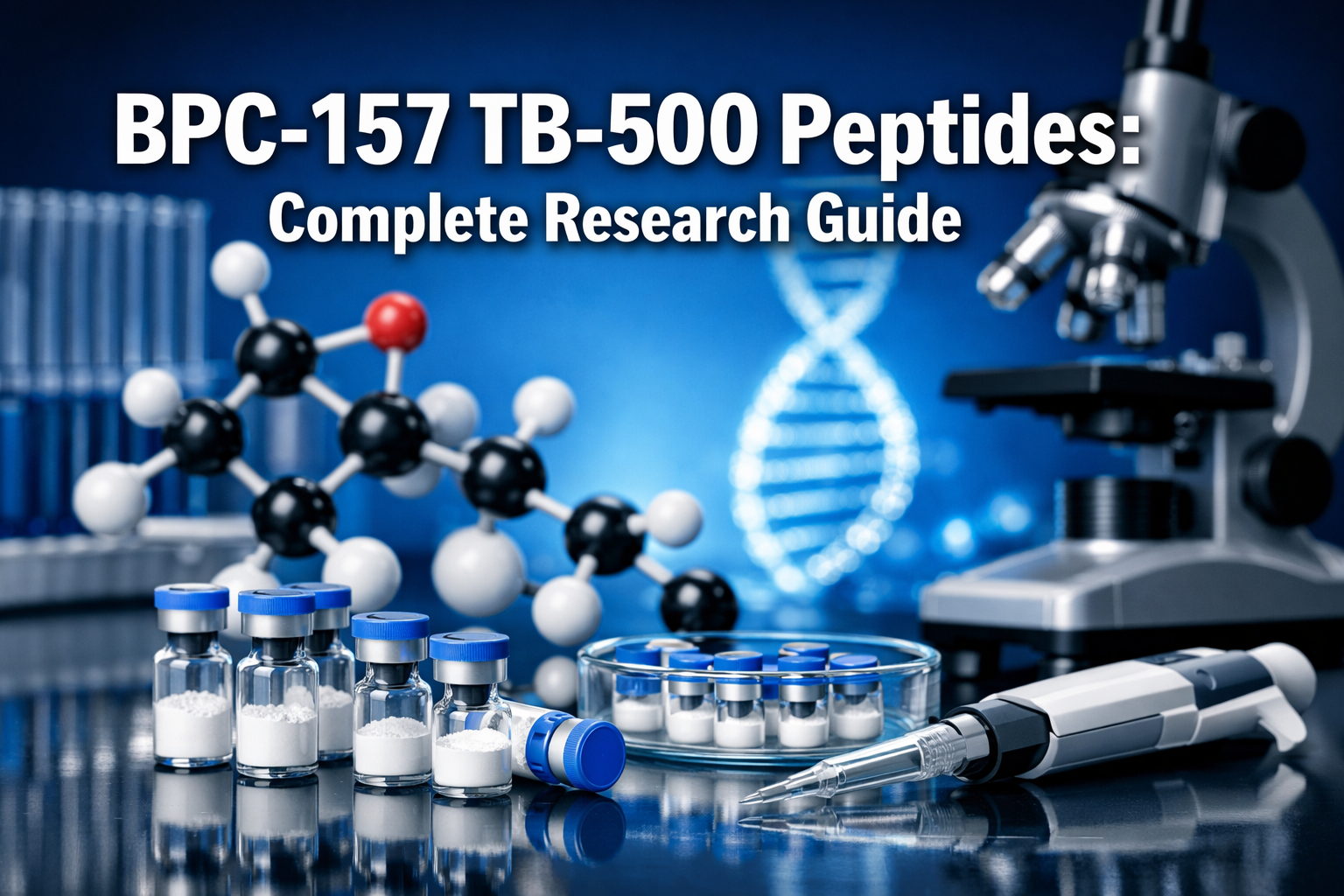 Professional landscape hero image (1536x1024) featuring bold text overlay 'BPC-157 TB-500 Peptides: Complete Research Guide' in extra large 