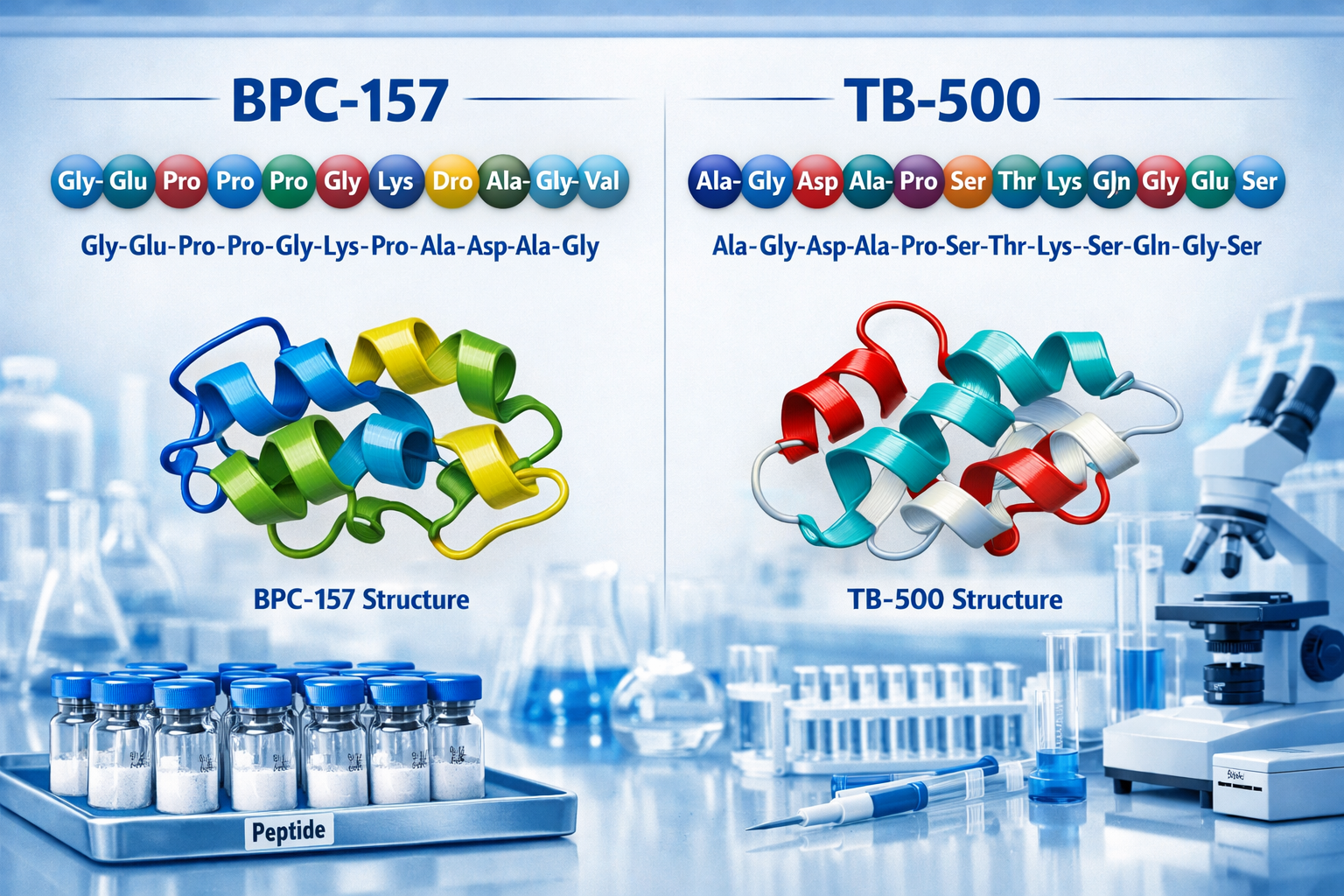 Scientific illustration showing BPC-157 and TB-500 molecular structures side by side with detailed amino acid sequences, 3D protein folding 