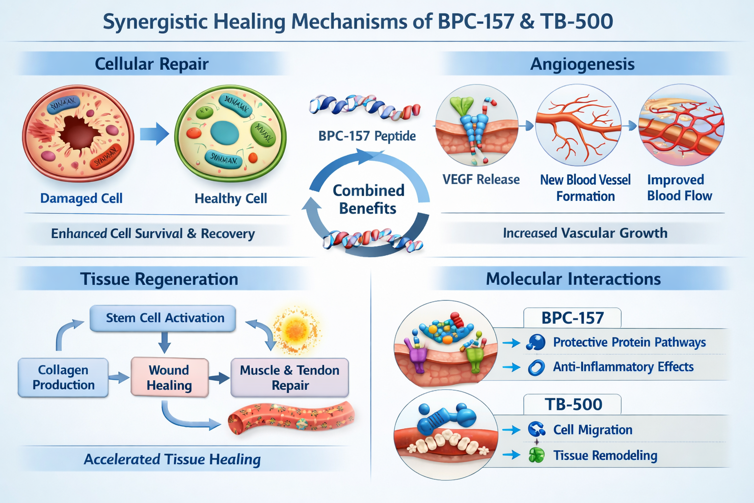 Infographic displaying synergistic healing mechanisms of BPC-157 and TB-500 peptides with cellular repair pathways, angiogenesis process dia