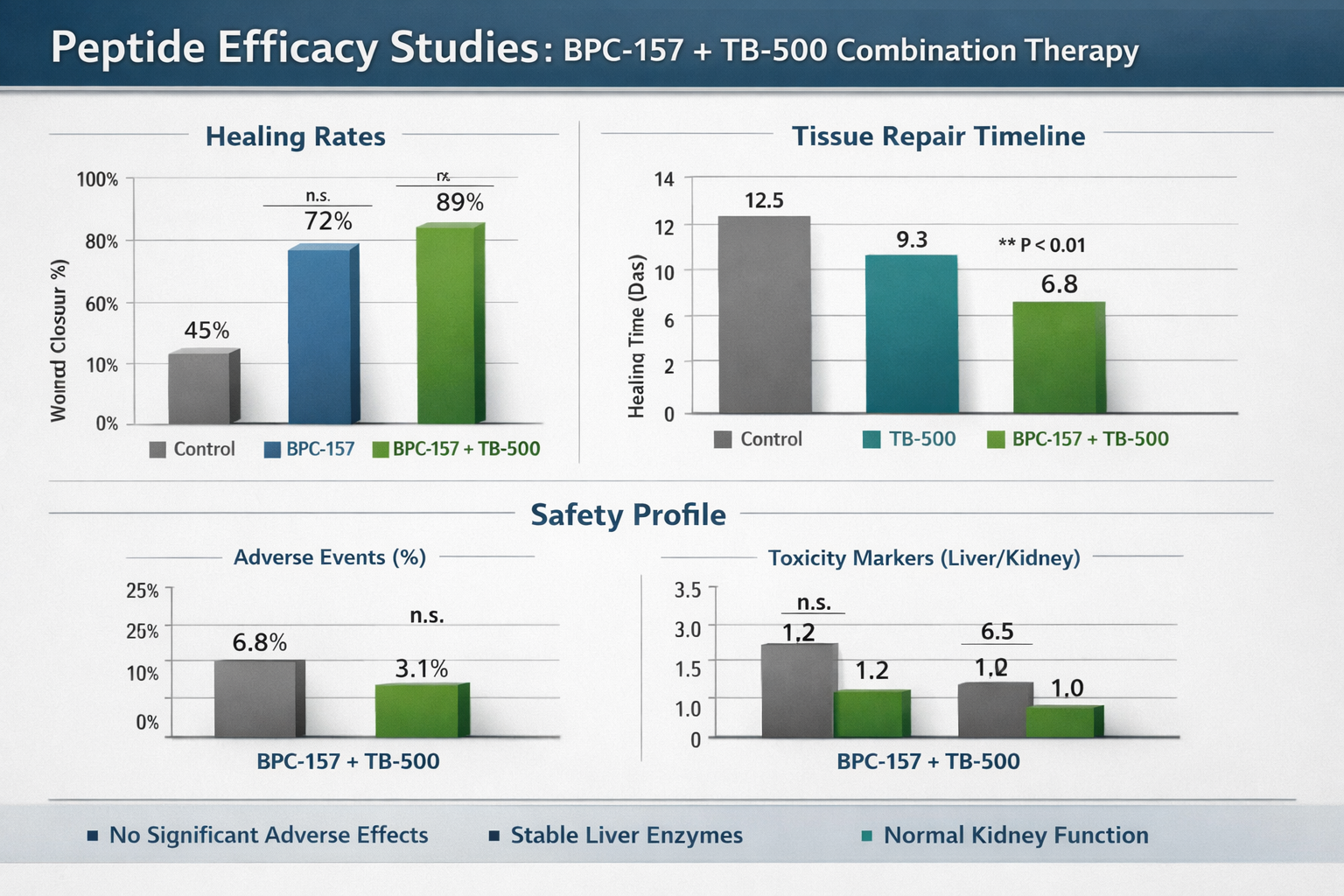 Research data visualization showing peptide efficacy studies with bar charts comparing healing rates, tissue repair timelines, and safety pr