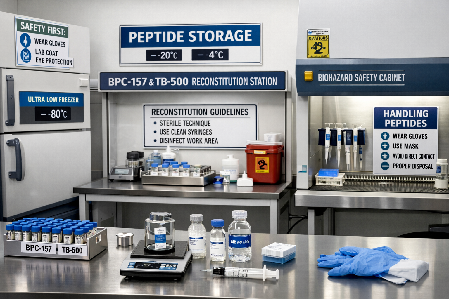 Modern peptide research facility interior showing proper storage protocols, reconstitution procedures, and handling equipment for BPC-157 TB