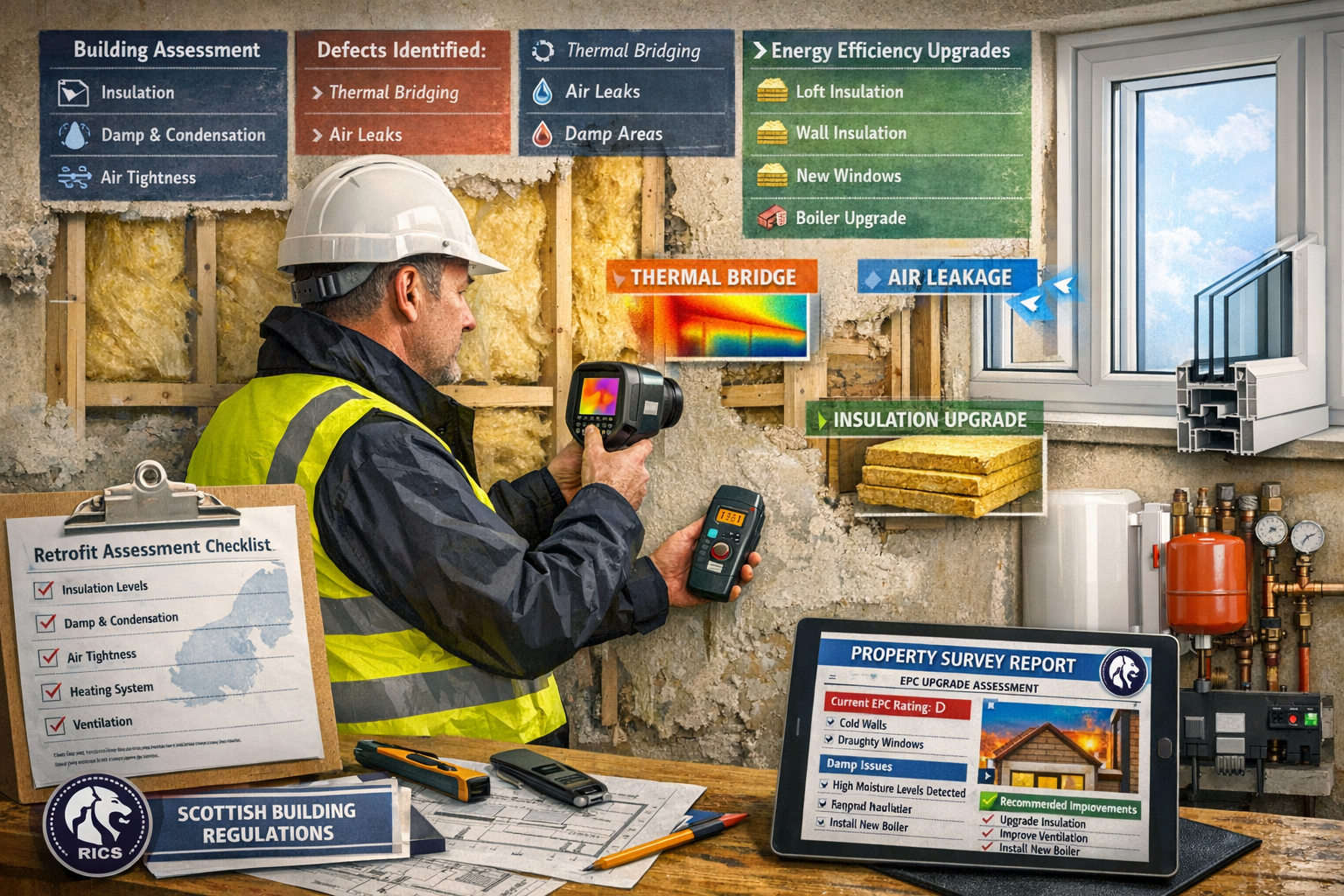 Comprehensive landscape format (1536x1024) visualization of building surveyor conducting detailed EPC upgrade assessment in Scottish propert