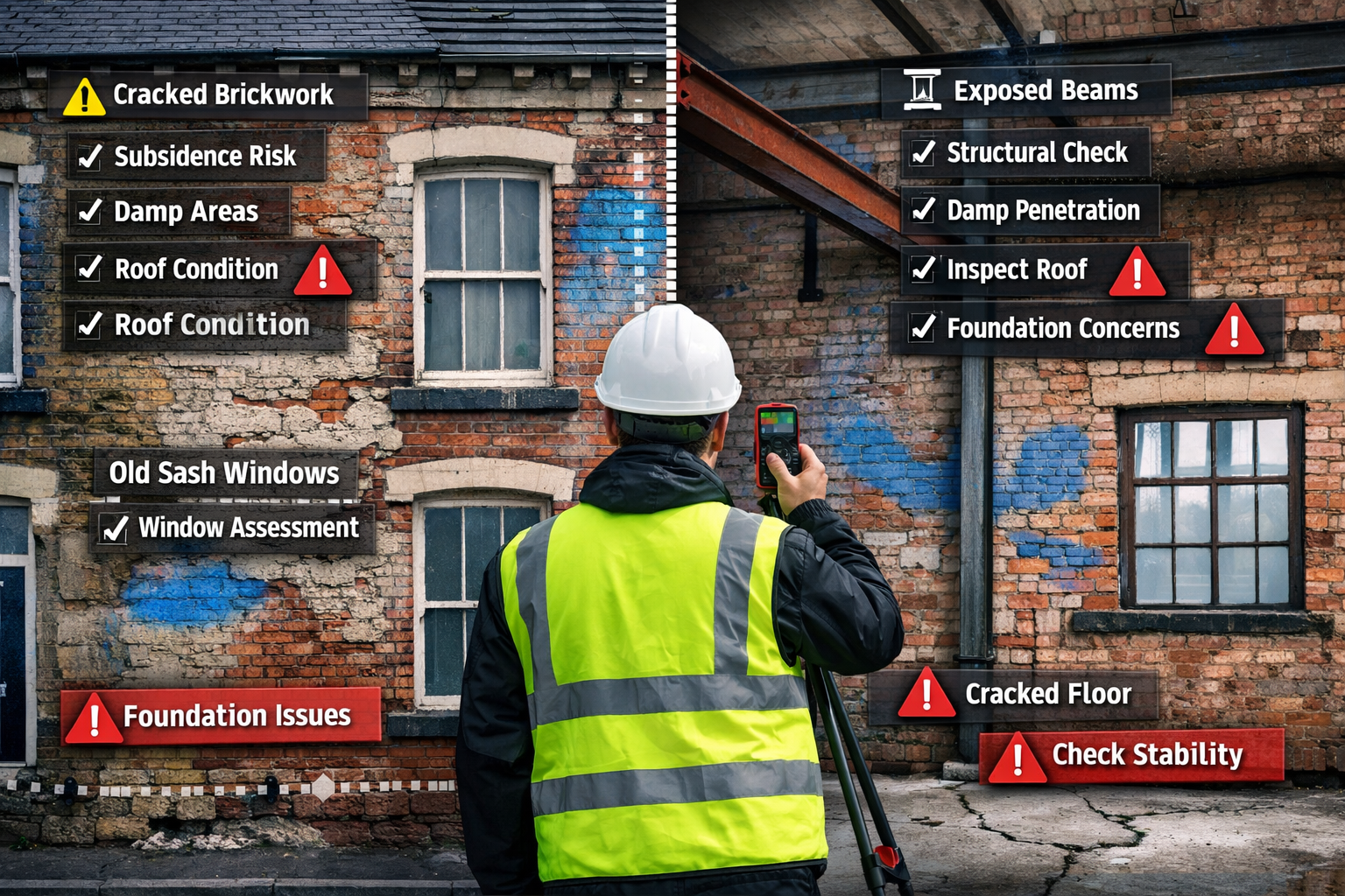Detailed () image showing close-up split-screen comparison of Northern England property types requiring different survey
