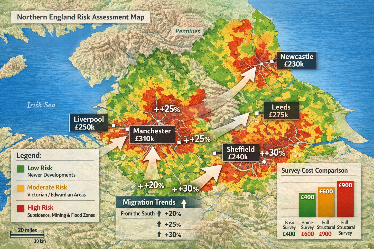 Detailed () image depicting interactive regional risk assessment heat map of Northern England showing Manchester, Liverpool,