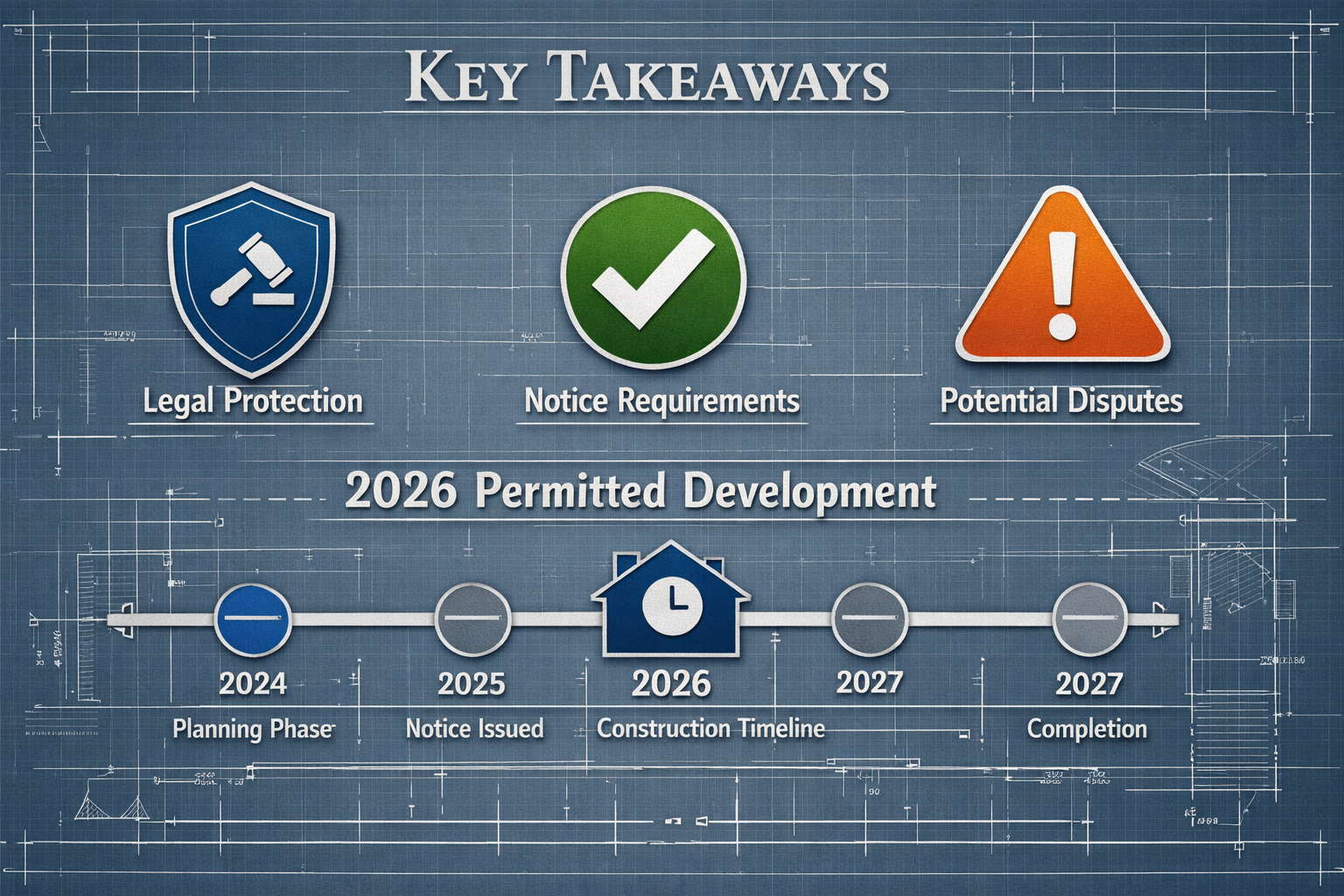Infographic-style visual for 'Key Takeaways' section with architectural blueprint , featuring color-coded icons representing