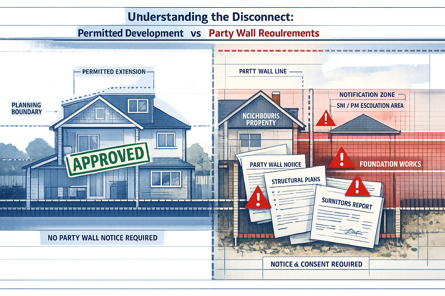 Split-screen comparative illustration exploring 'Understanding the Disconnect: Permitted Development vs Party Wall
