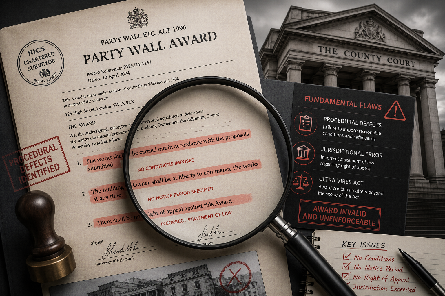 Wide () editorial illustration showing a magnifying glass hovering over a formal Party Wall Award legal document, with