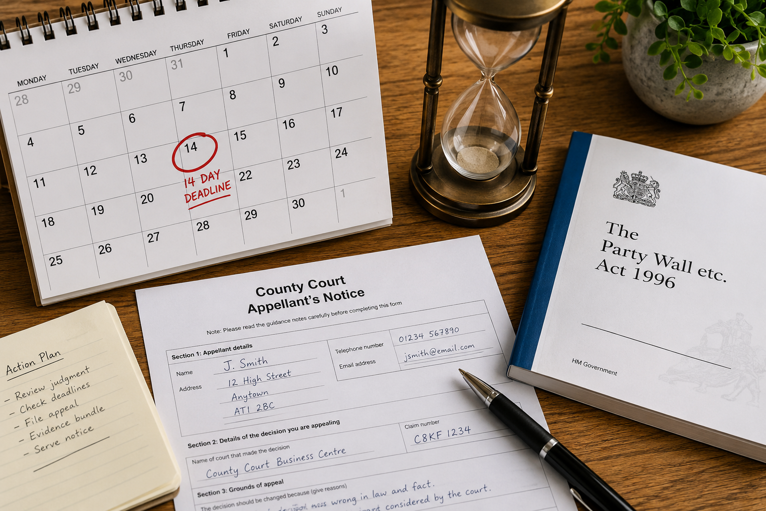 () dramatic overhead flat-lay photograph of a wooden desk showing a calendar with the 14-day deadline circled in red marker,