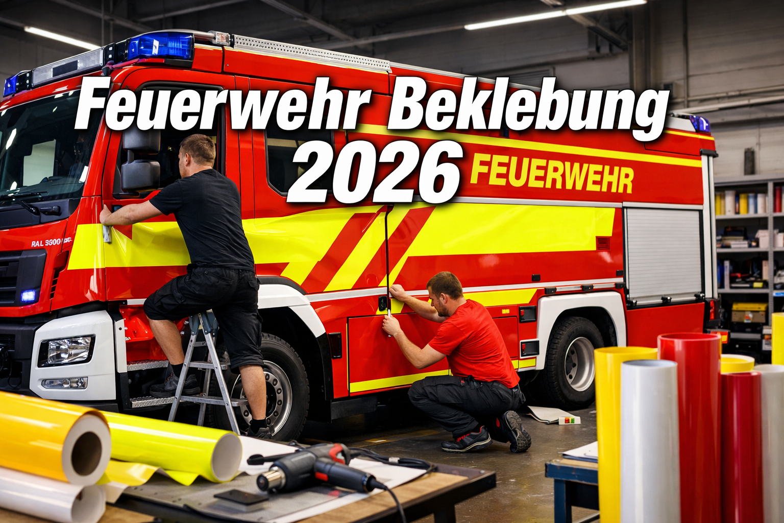 Professional landscape format (1536x1024) hero image featuring bold text overlay 'Feuerwehr Beklebung 2026' in extra large 72pt white sans-s