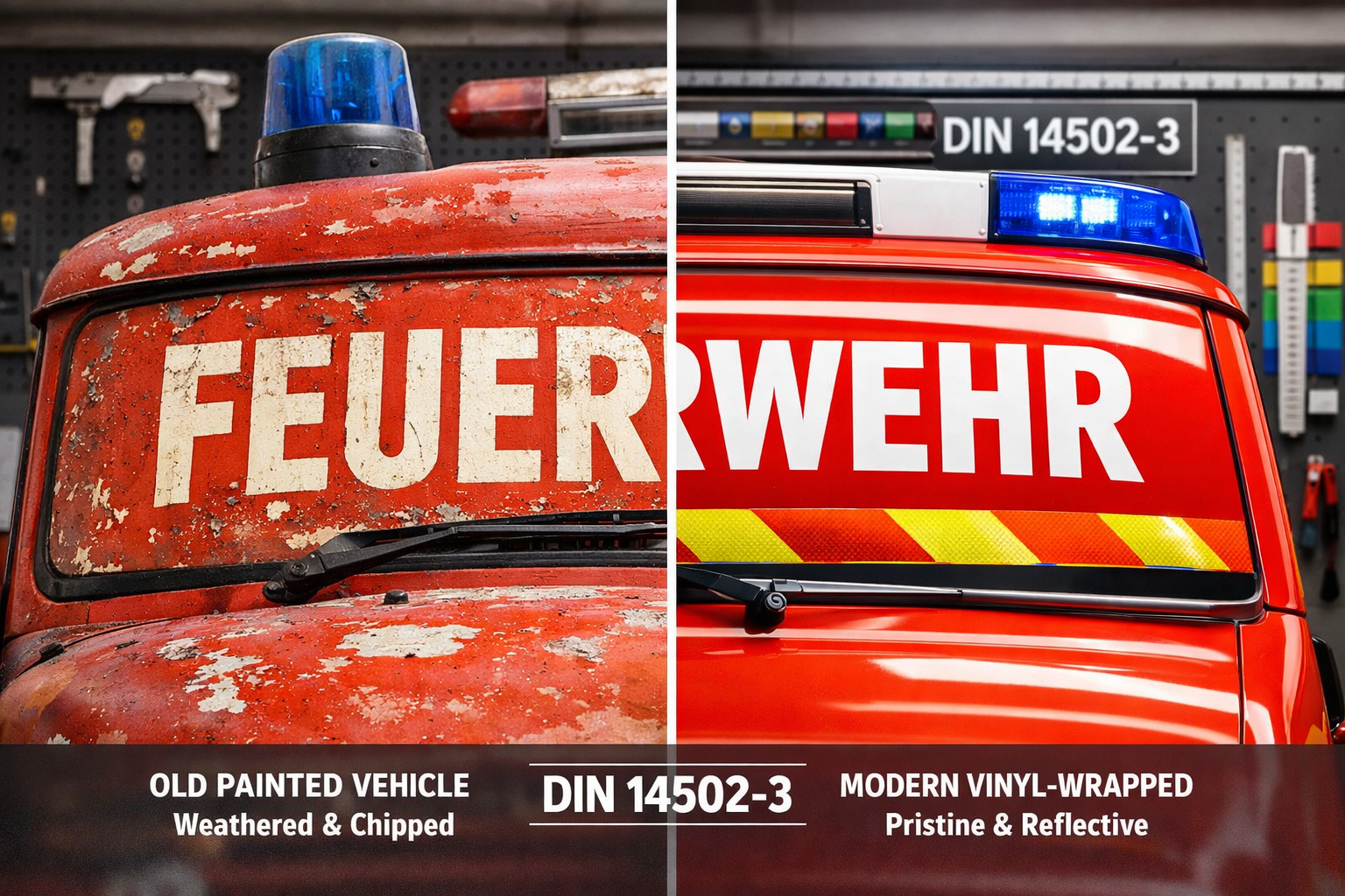 Detailed landscape format (1536x1024) image showing close-up comparison of traditional painted fire truck versus modern vinyl-wrapped vehicl