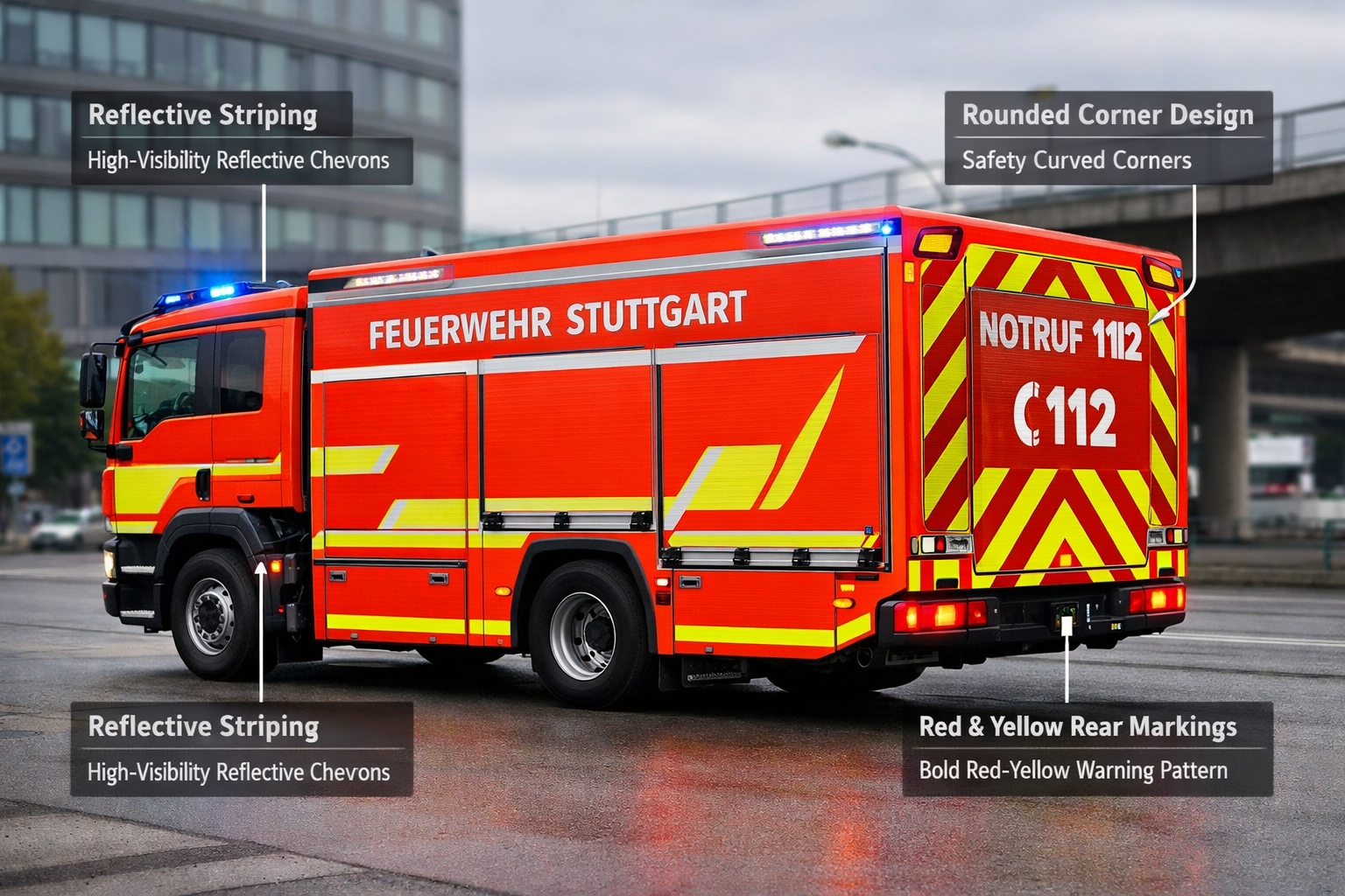 Professional landscape format (1536x1024) image of Stuttgart Fire Department's new fluorescent red vehicle design concept. Modern rescue tru