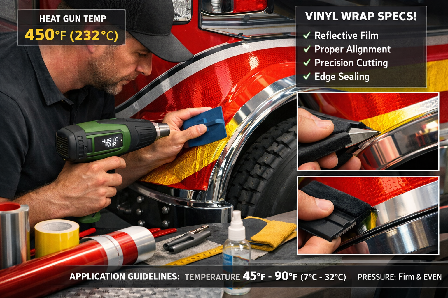 Detailed landscape format (1536x1024) workshop scene showing vinyl application process on fire truck. Professional technician using heat gun
