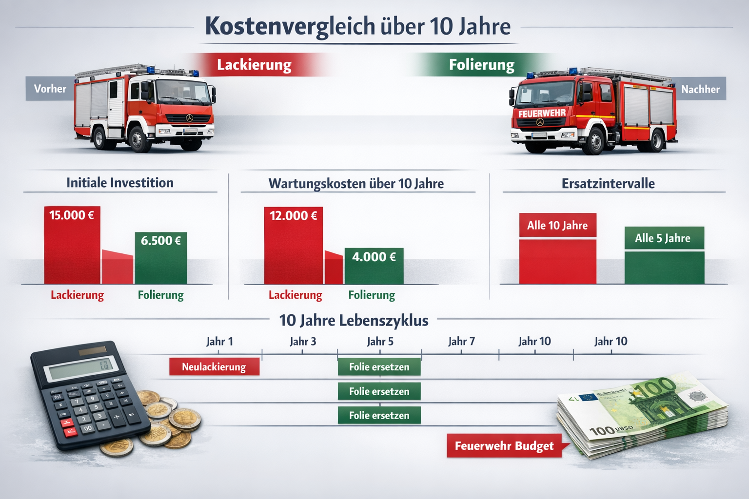 Landscape format (1536x1024) cost comparison infographic showing traditional paint versus modern vinyl wrapping expenses over 10-year lifecy