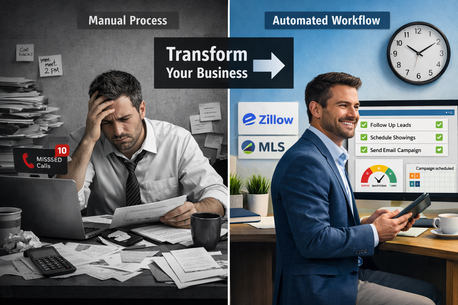 Landscape format (1536x1024) split-screen comparison visualization showing 'Before Automation vs After Automation' for real estate agents. L