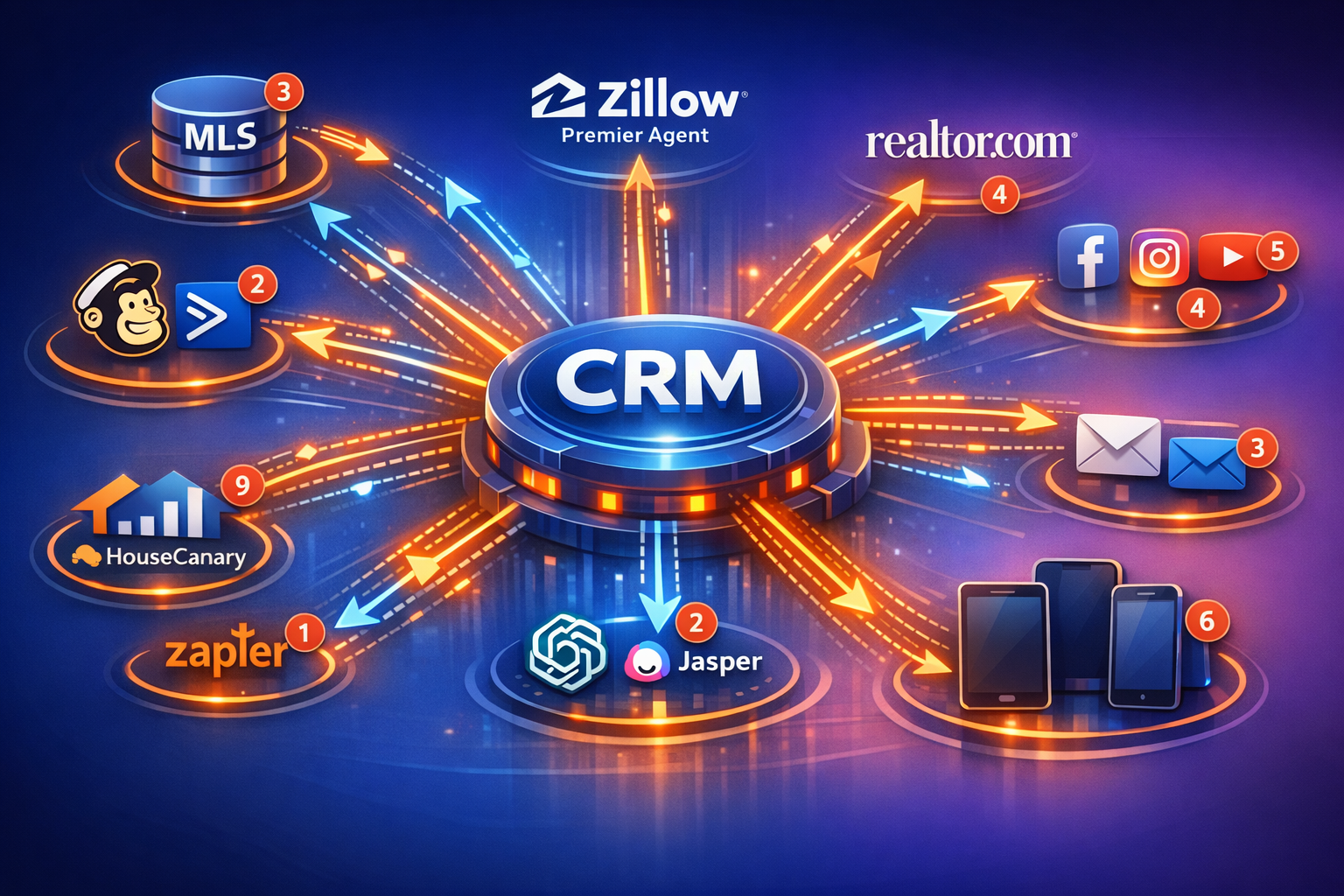 Landscape format (1536x1024) futuristic visualization of integrated real estate marketing automation ecosystem in 2026. Central CRM platform
