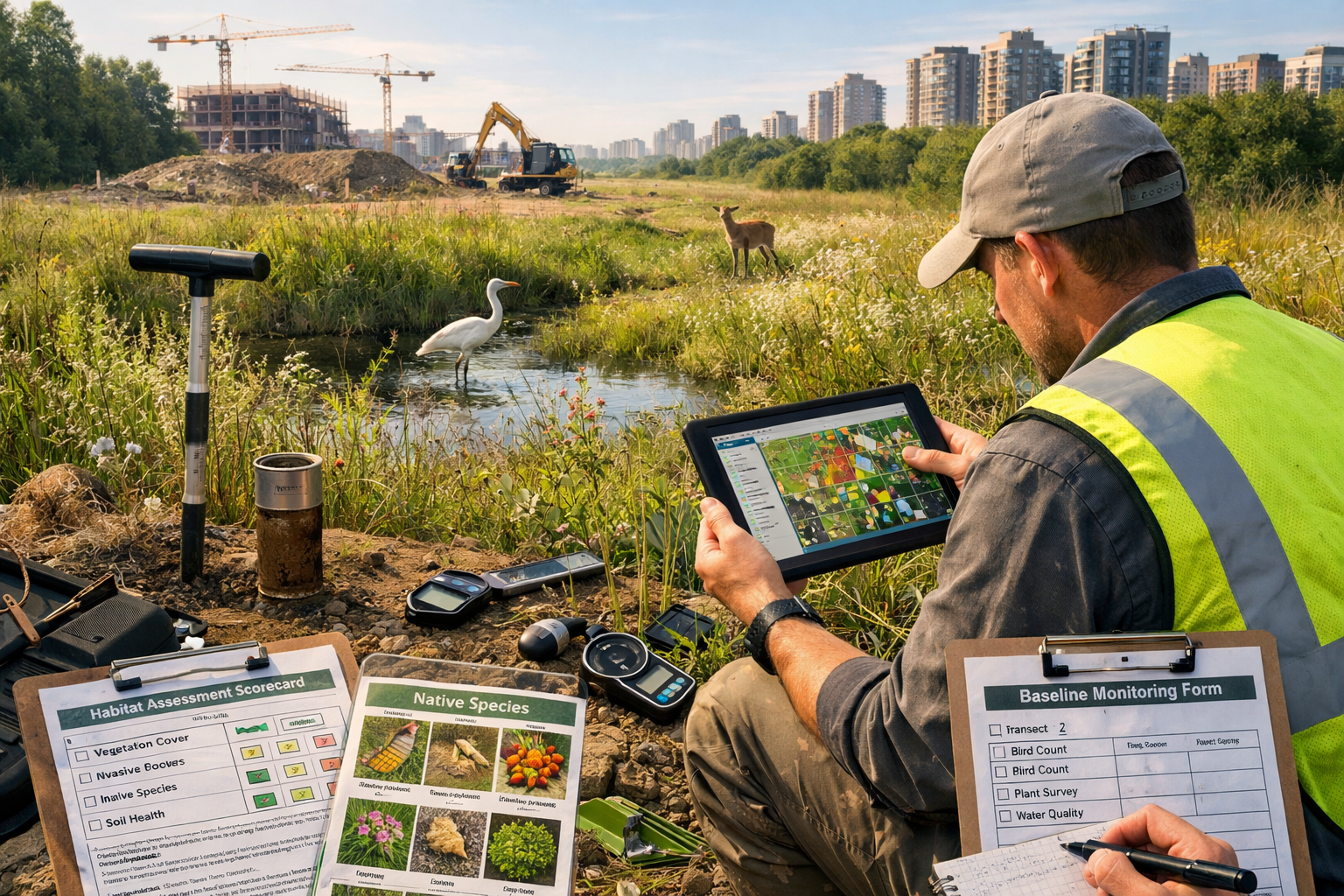 () detailed illustration showing biodiversity surveyor in high-visibility vest conducting field assessment at urban fringe