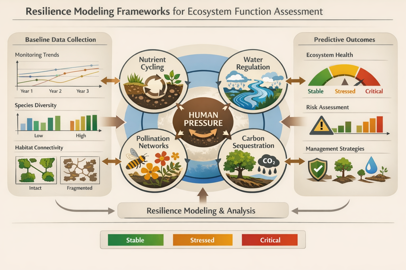 () conceptual infographic illustration demonstrating resilience modeling frameworks for ecosystem function assessment.