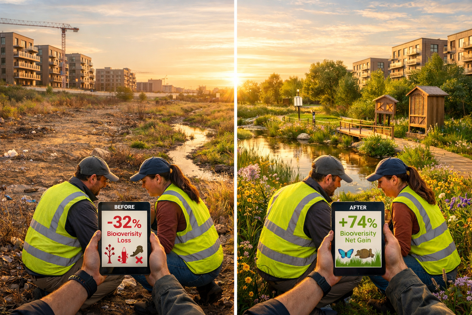 () wide-angle photograph of successful urban fringe biodiversity enhancement project showing before-and-after comparison