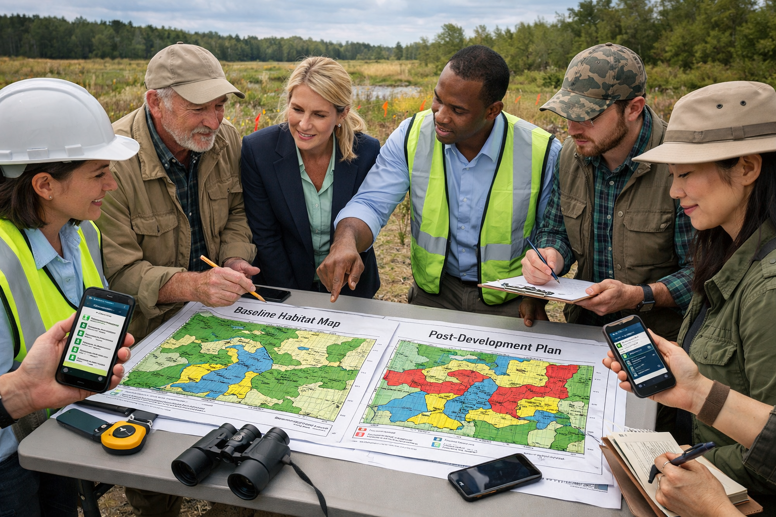 Wide-angle () photograph of diverse team of corporate sustainability officers and field ecologists collaborating at outdoor
