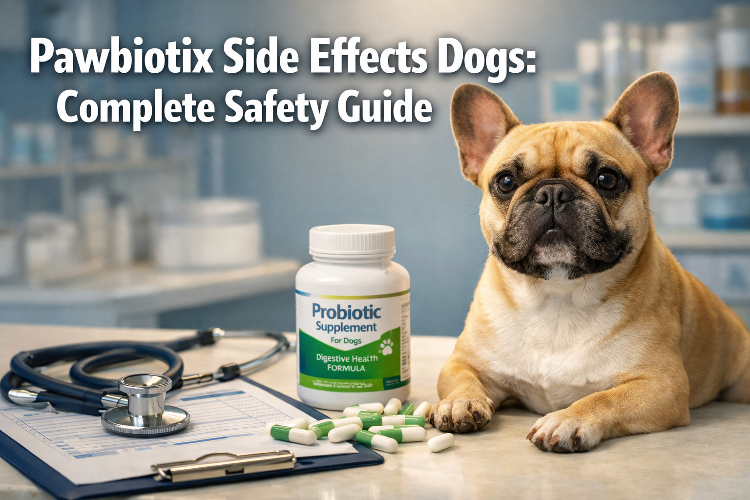 Professional landscape format (1536x1024) hero image featuring bold text overlay 'Pawbiotix Side Effects Dogs: Complete Safety Guide' in ext