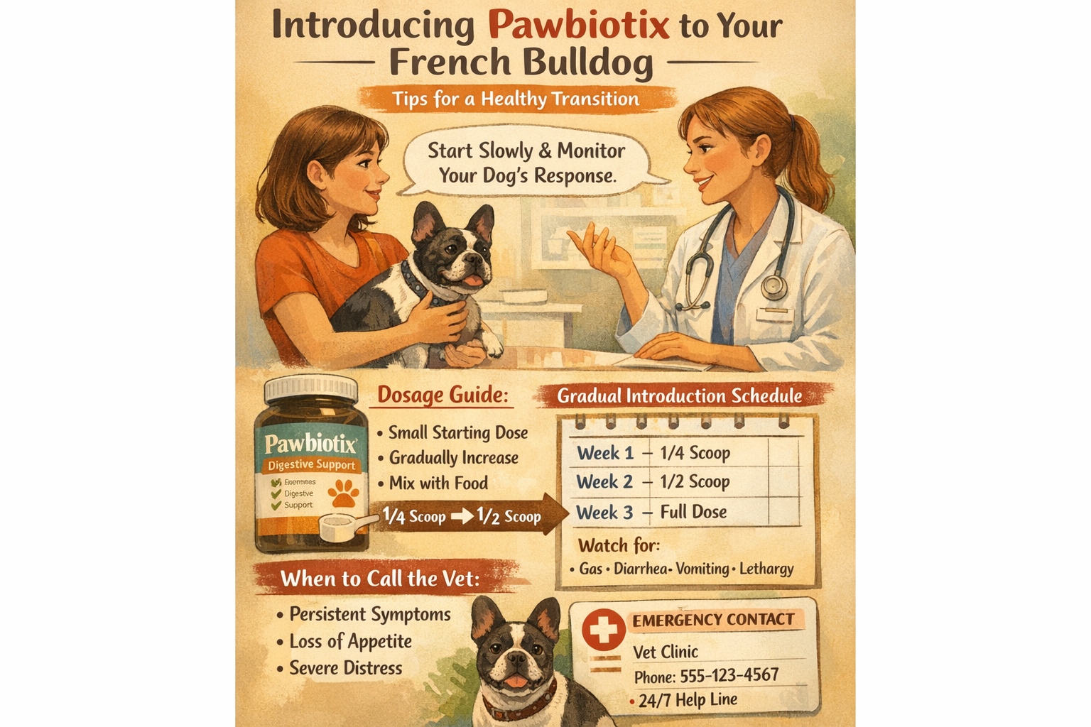 Portrait format (1024x1536) practical guide illustration showing French Bulldog owner consulting with veterinarian, Pawbiotix bottle with do
