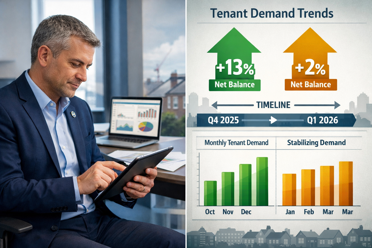 Detailed () image showing split-screen composition: left side displays professional RICS chartered surveyor reviewing