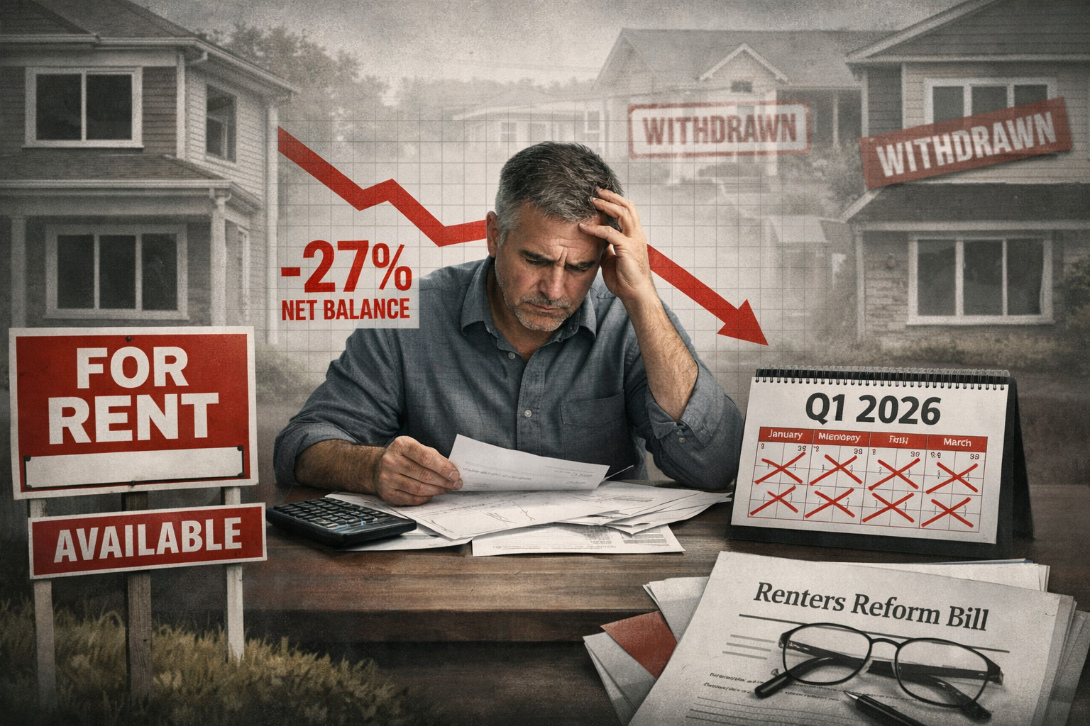 Unique () visualization depicting landlord instruction crisis through dramatic contrast: foreground shows empty 'For Rent'