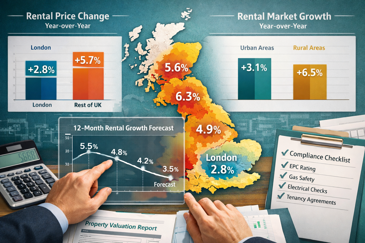 Distinctive () image showing rental price pressure analysis through layered composition: main focus on detailed UK map with