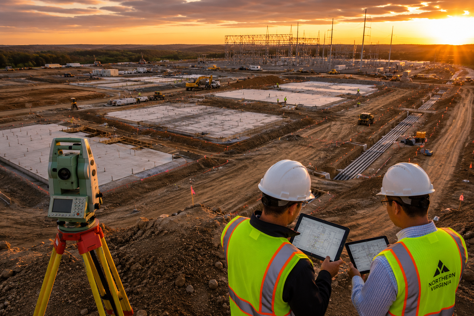 Wide-angle aerial photograph of a massive Northern Virginia data center campus under construction, showing foundation survey