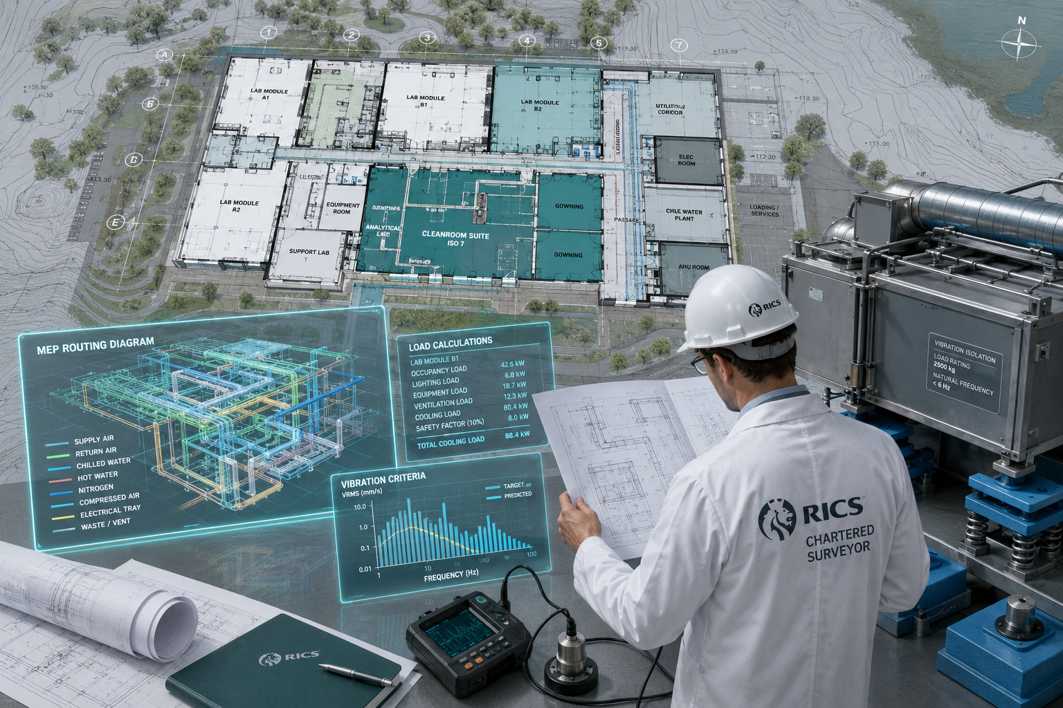 Overhead bird's-eye view of a life sciences research campus floor plan overlaid on a topographic survey map, showing