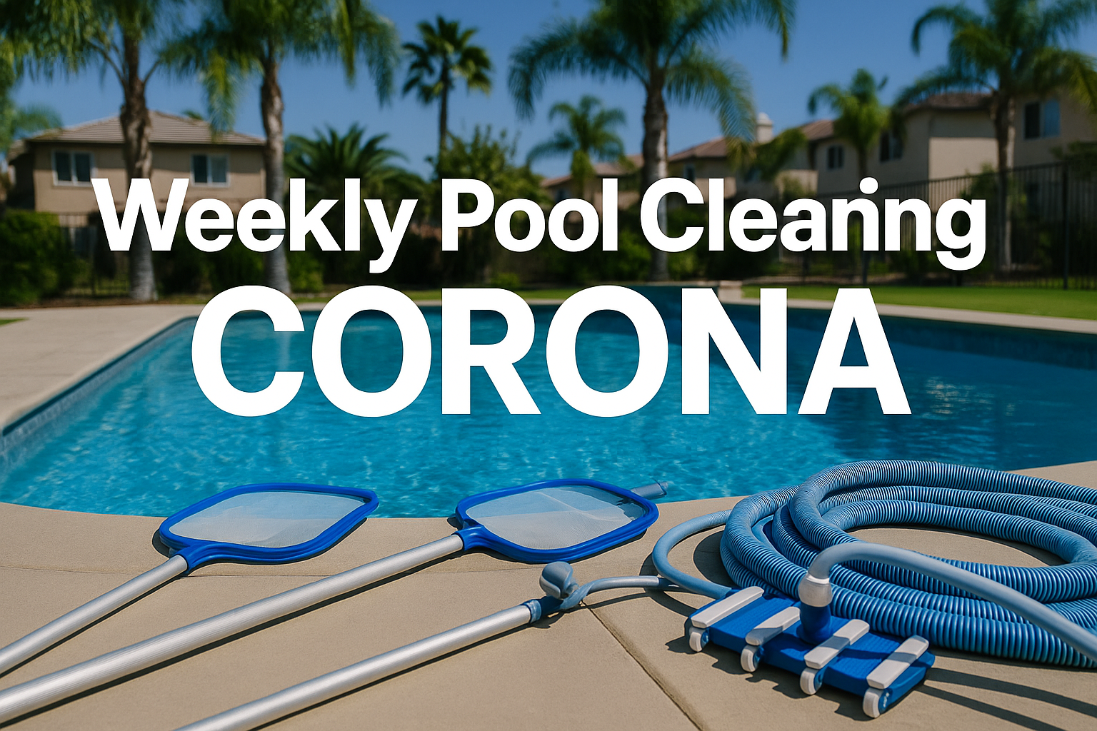 Professional landscape hero image (1536x1024) featuring bold text overlay 'Weekly Pool Cleaning CORONA' in extra large 72pt white sans-serif