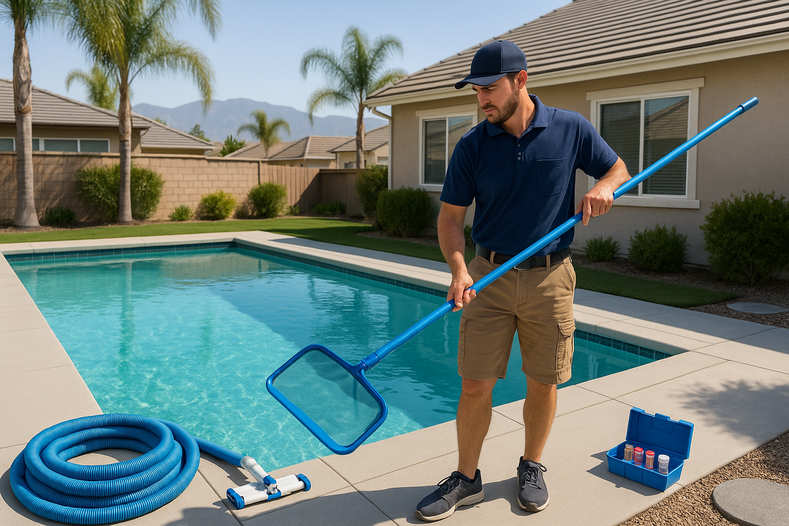 Professional pool technician in Corona California performing weekly maintenance on residential swimming pool, wearing uniform and using prof