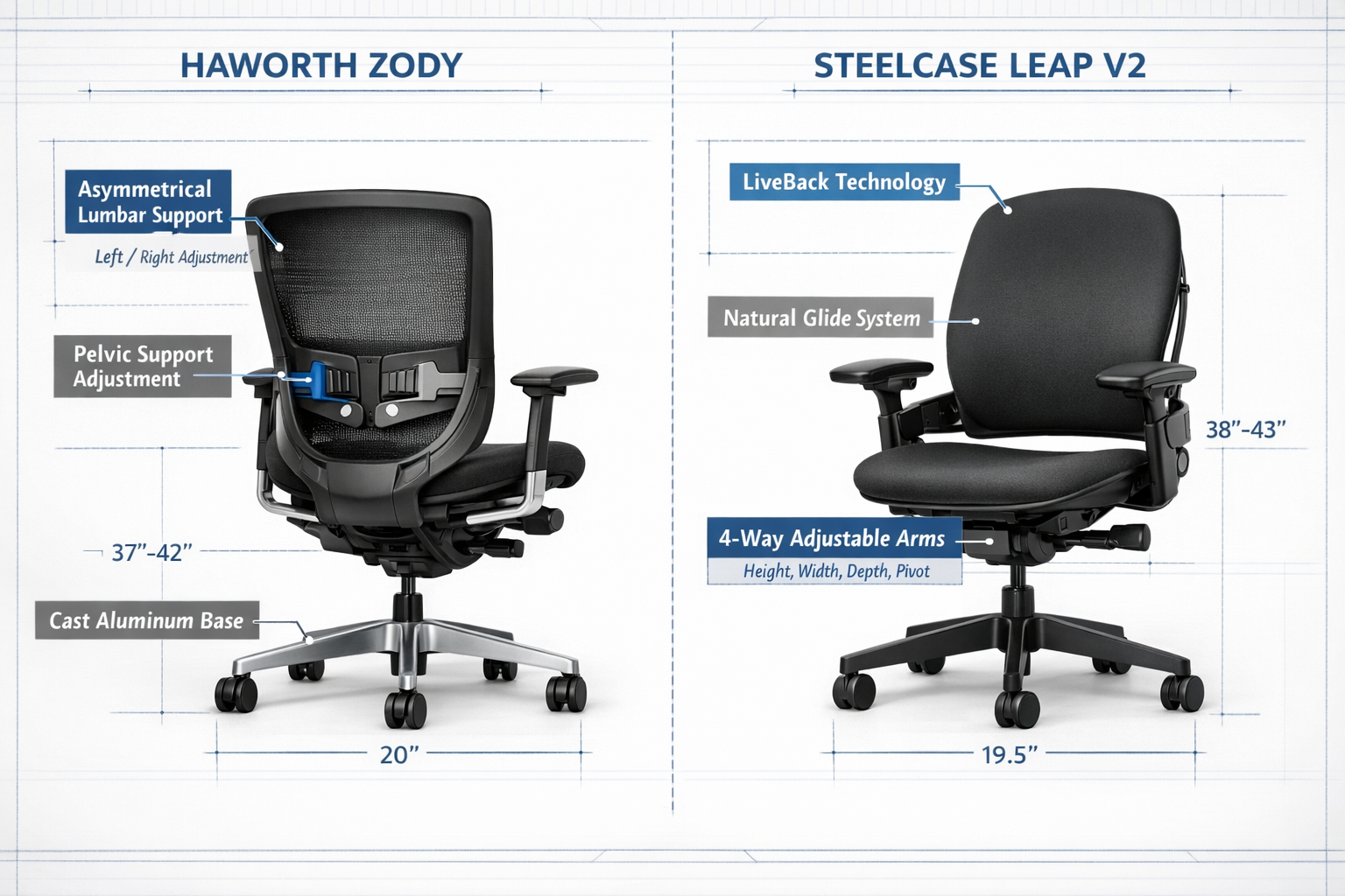 Landscape format (1536x1024) detailed comparison infographic showing Haworth Zody and Steelcase Leap V2 chairs side by side 