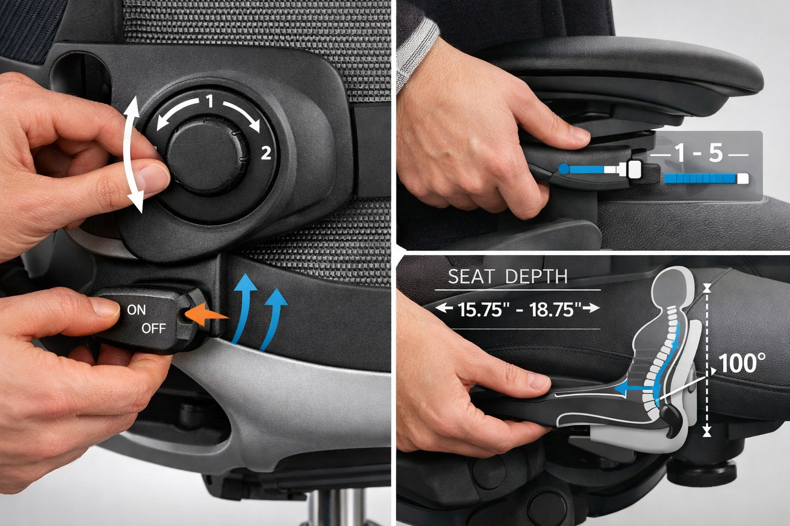 Landscape format (1536x1024) split-screen composition showing ergonomic adjustment mechanisms in action. Left half displays close-up of Hawo