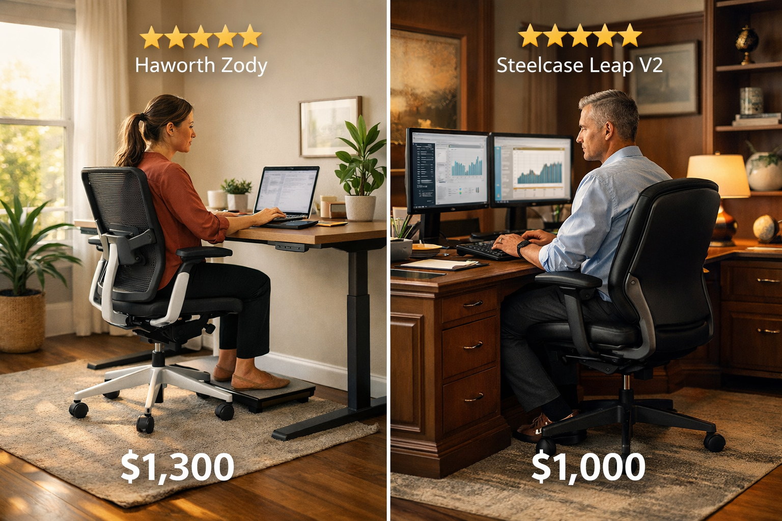 Landscape format (1536x1024) lifestyle comparison image showing two modern home office setups side by side in warm natural window lighting. 