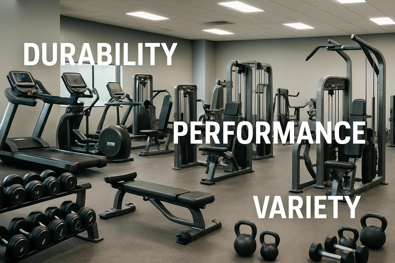 A detailed, editorial-quality landscape image (1536x1024) illustrating the vast range of commercial exercise equipment. The scene should dep