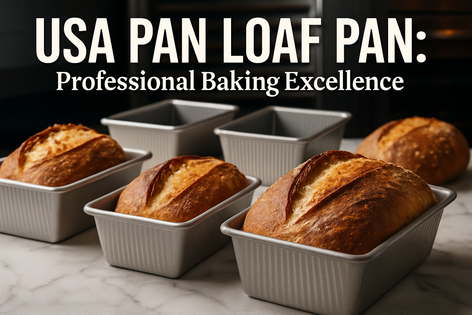 Professional landscape hero image (1536x1024) featuring bold text overlay 'USA Pan Loaf Pan: Professional Baking Excellence' in extra large 
