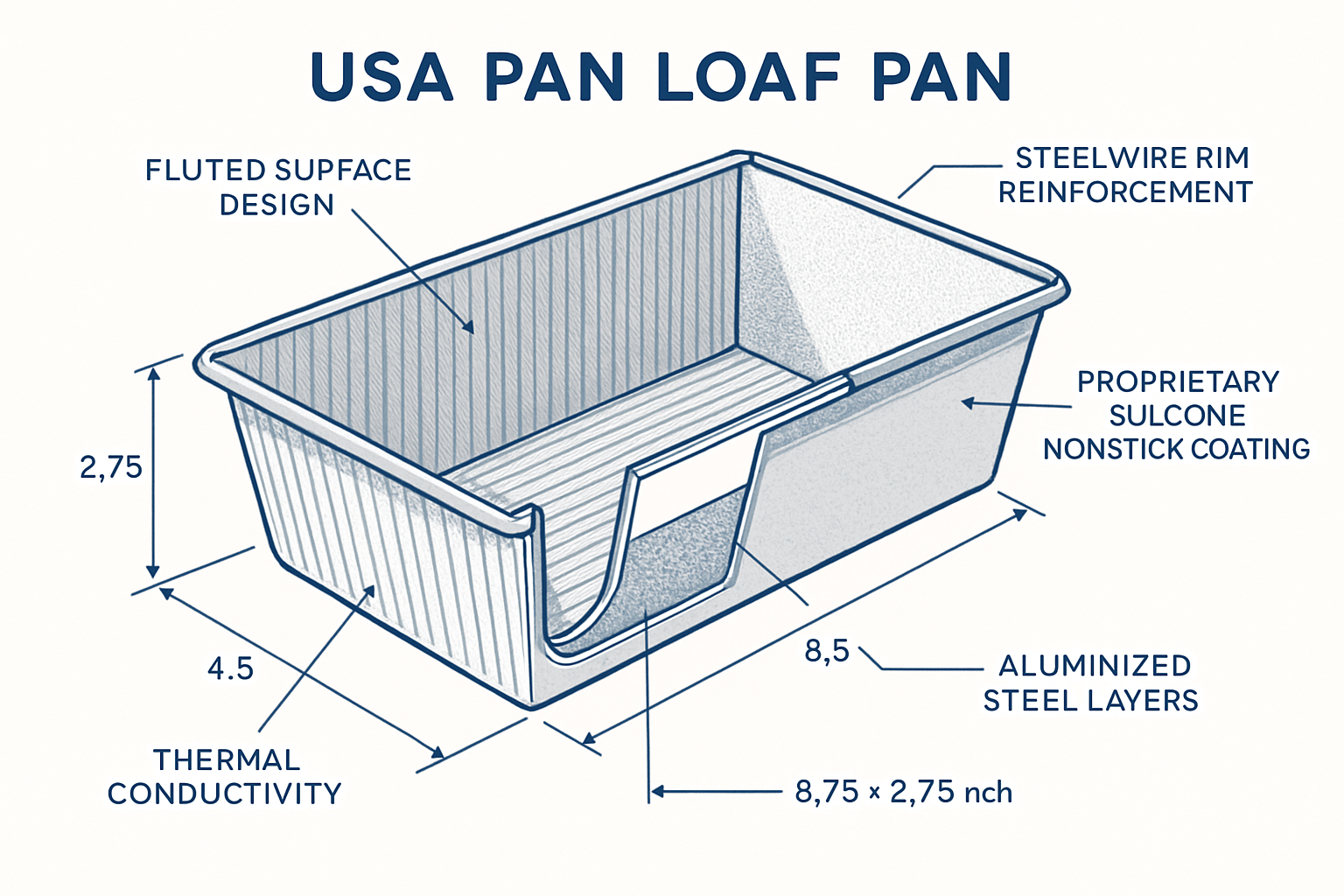 Detailed technical illustration showing USA Pan loaf pan construction with cutaway view revealing aluminized steel layers, fluted surface de