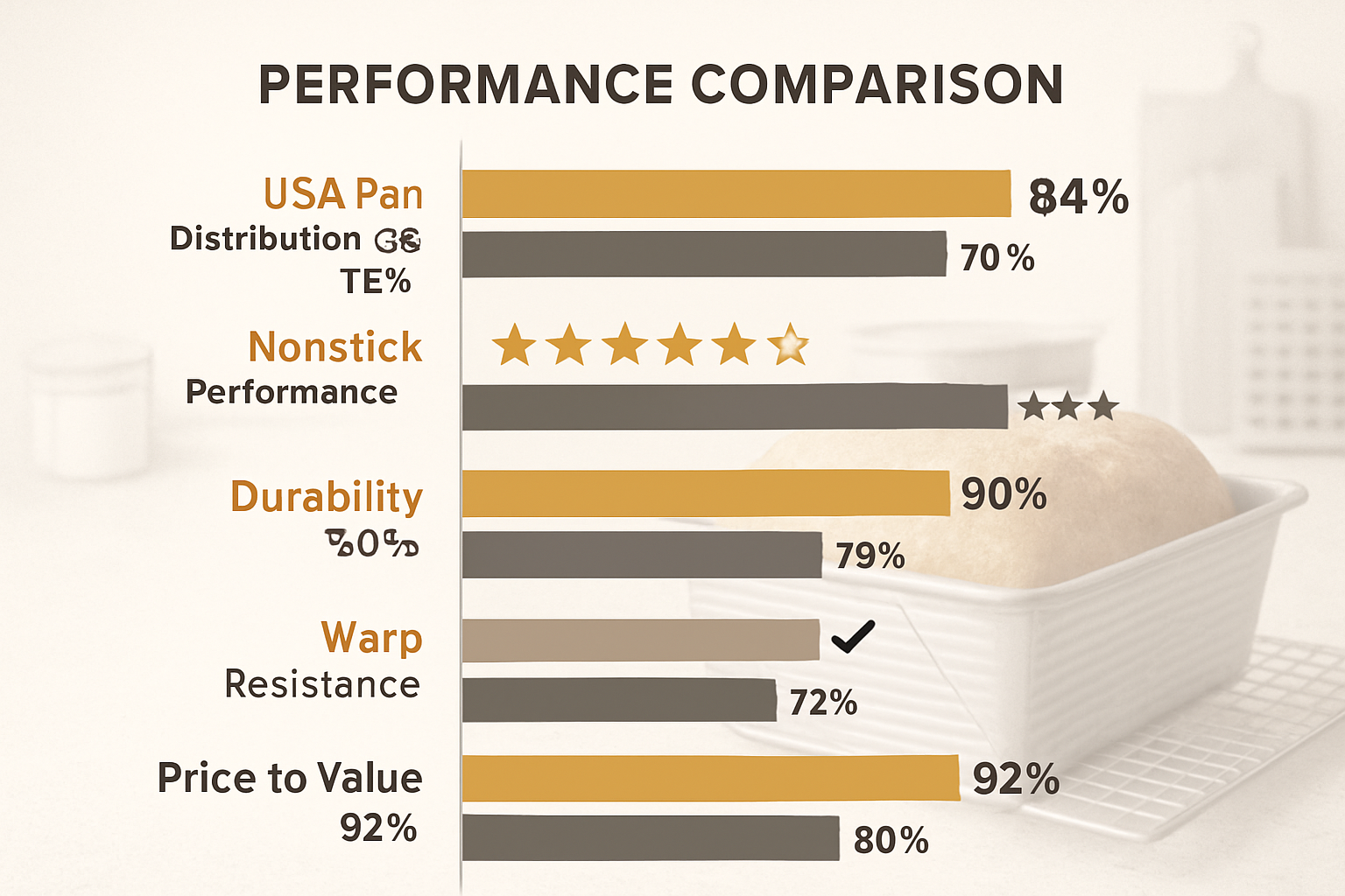 Comparative performance chart showing USA Pan loaf pan versus competitors across key metrics: heat distribution evenness, nonstick performan