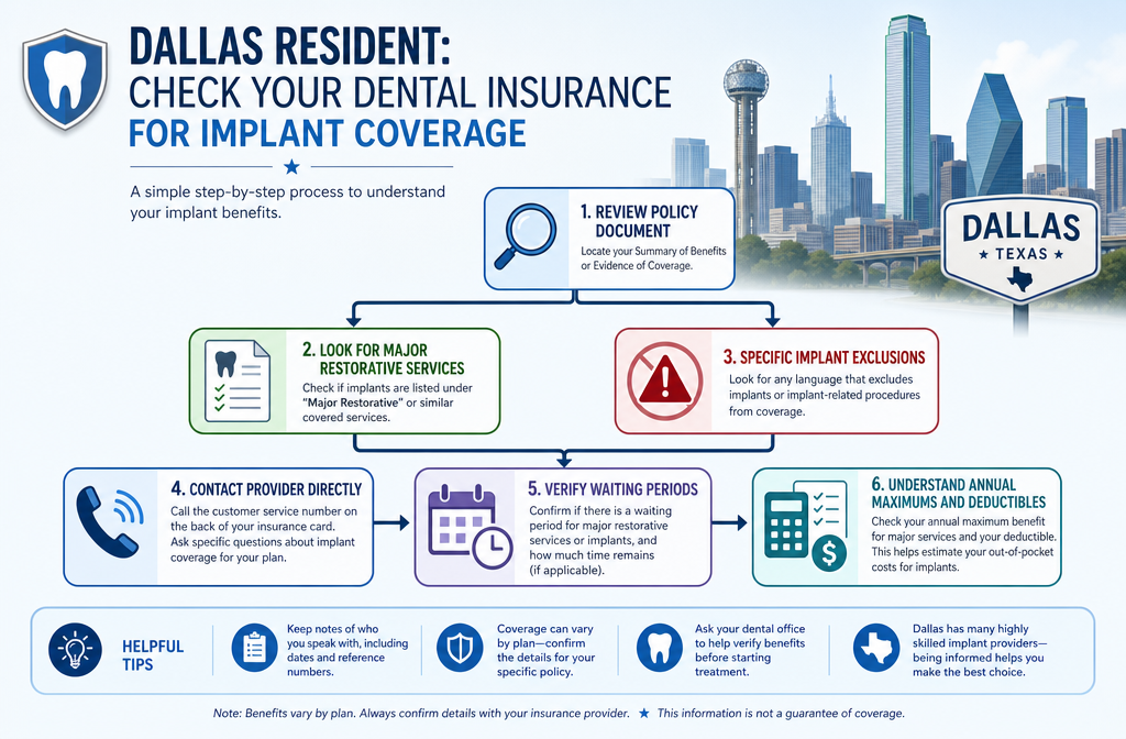 A visual flow chart in () outlining the process a Dallas resident would follow to check their dental insurance for implant