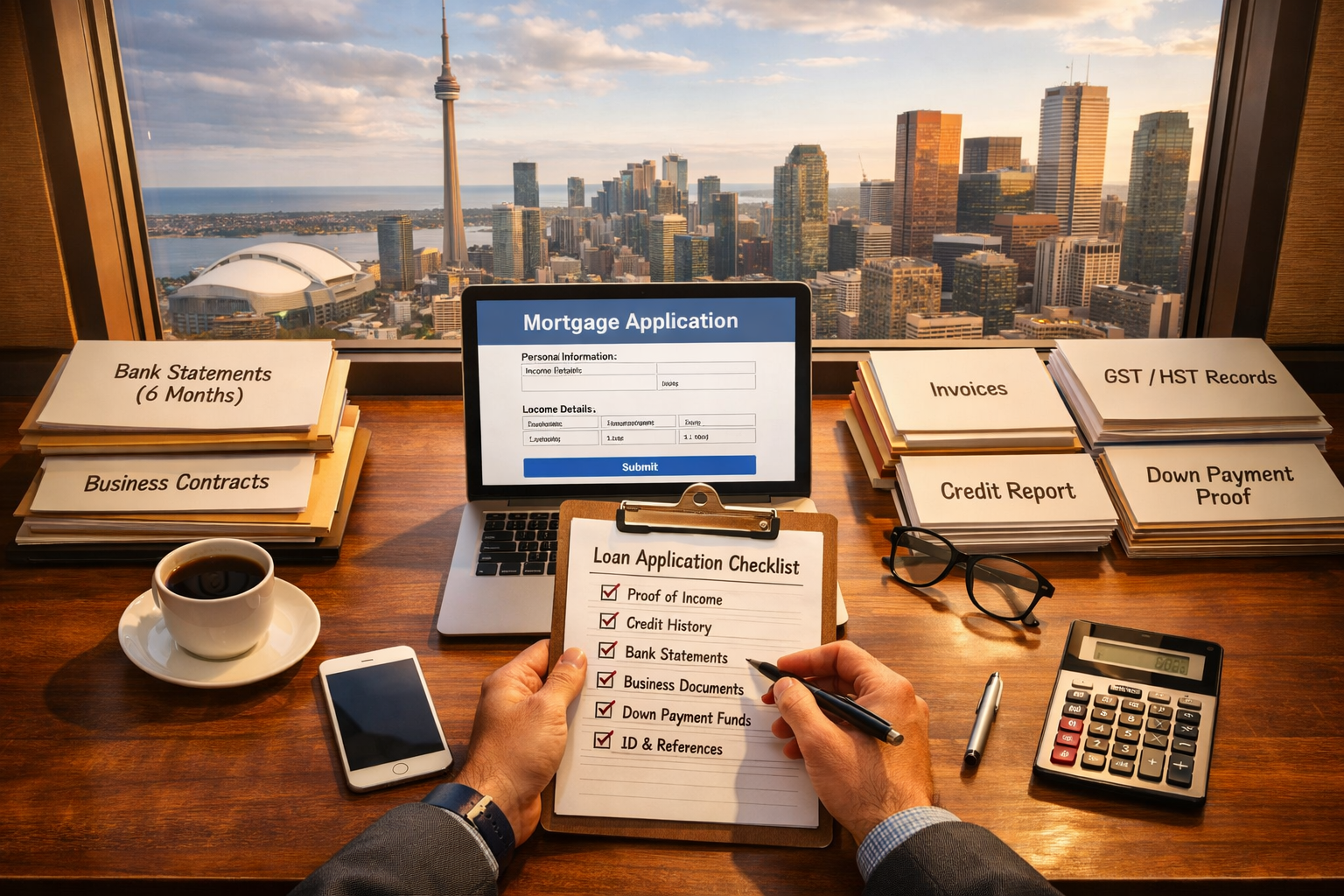 () conceptual illustration showing entrepreneur's desk from overhead perspective in Toronto office with window view of city.