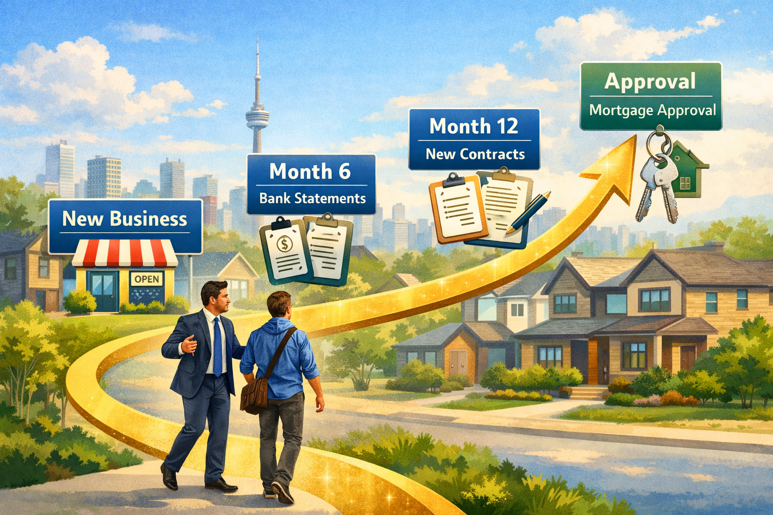 () conceptual pathway illustration showing journey from 'New Business' to 'Mortgage Approval' for Toronto entrepreneurs.