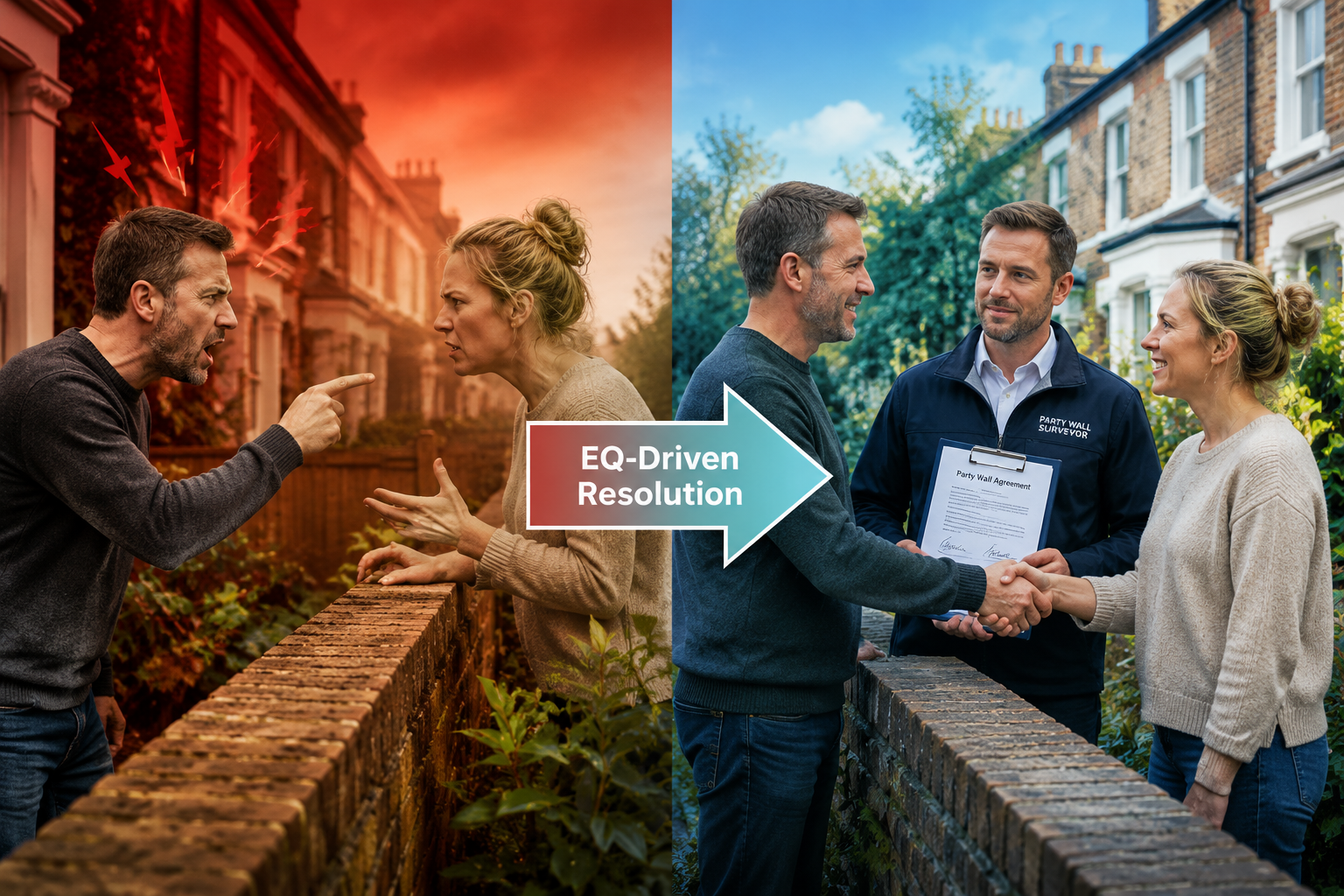 Split-scene () editorial image: left side shows two neighbors in heated dispute over a shared garden wall with red tension