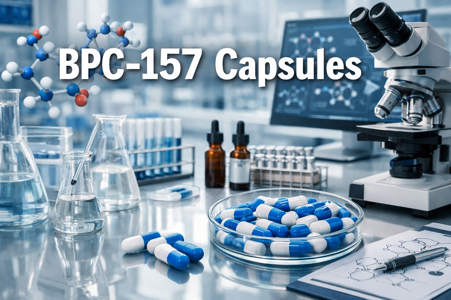 Professional landscape hero image (1536x1024) featuring bold text overlay 'BPC-157 Capsules' in extra large 72pt white sans-serif font with 