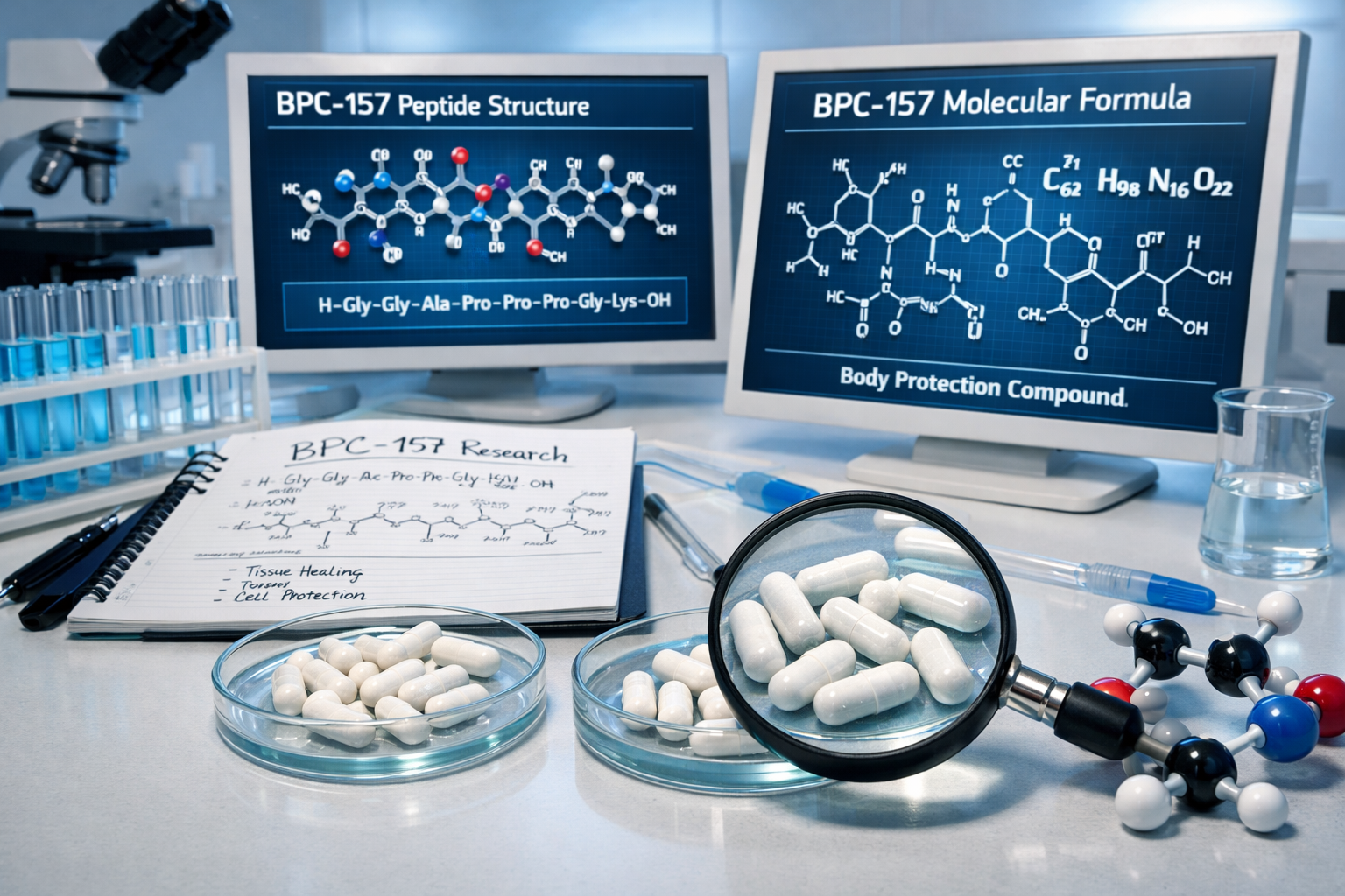 Scientific laboratory scene showing BPC-157 peptide molecular structure diagrams on digital screens, with capsule formations in petri dishes