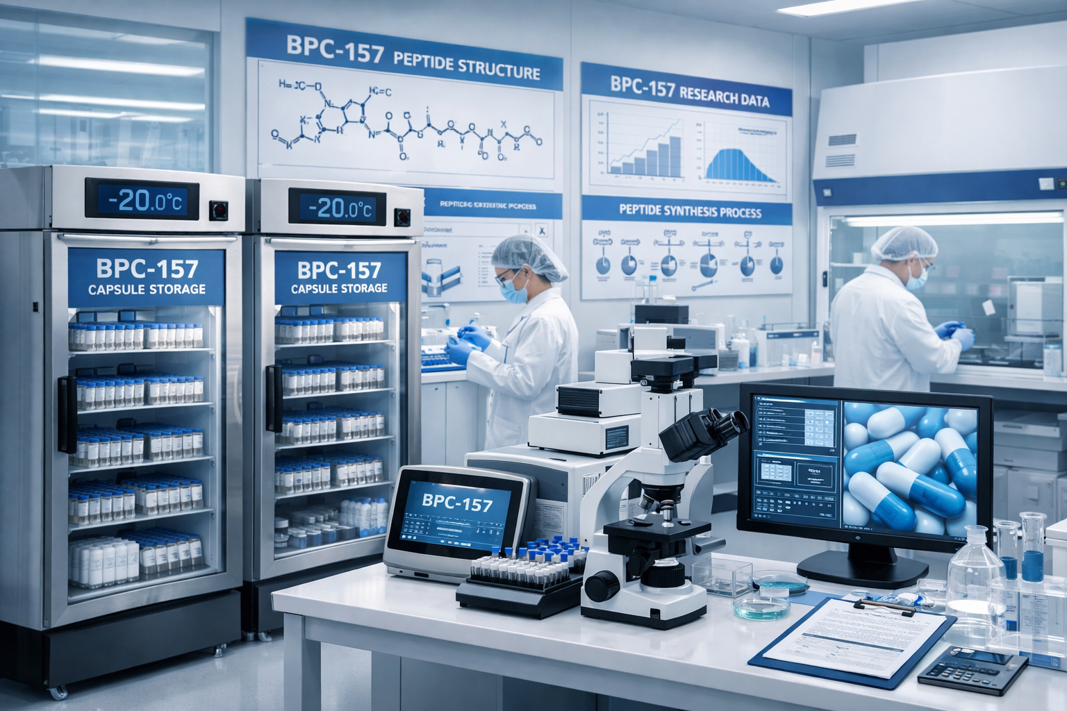 Modern research facility interior with BPC-157 capsule storage systems, temperature-controlled environments, quality testing equipment, and 