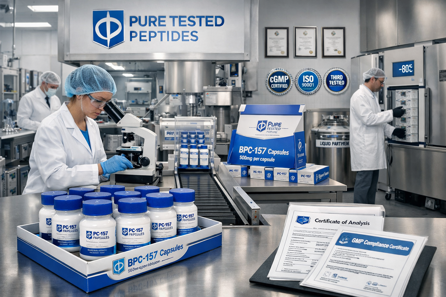 Professional peptide supplier facility showing quality control processes, BPC-157 capsule packaging, certification documents, and research-g