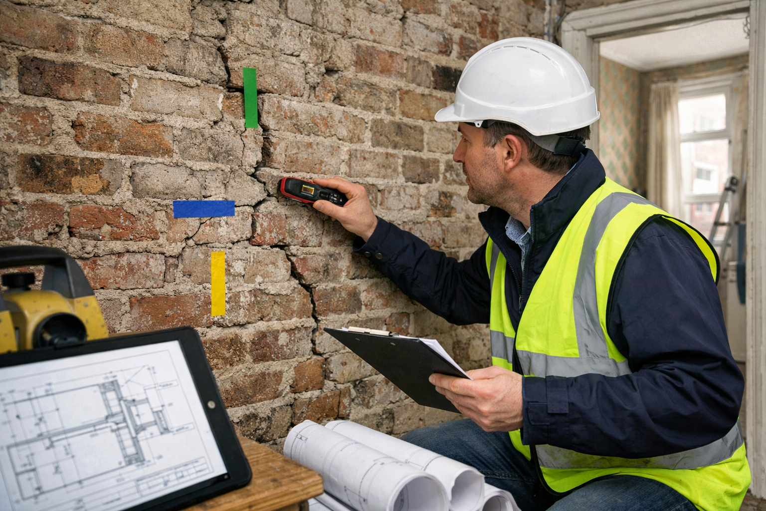 Detailed () image showing close-up of surveyor conducting party wall inspection in Manchester terraced house, visible