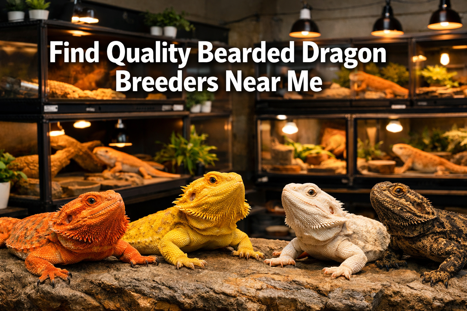 Professional landscape format (1536x1024) hero image featuring bold text overlay 'Find Quality Bearded Dragon Breeders Near Me' in extra lar