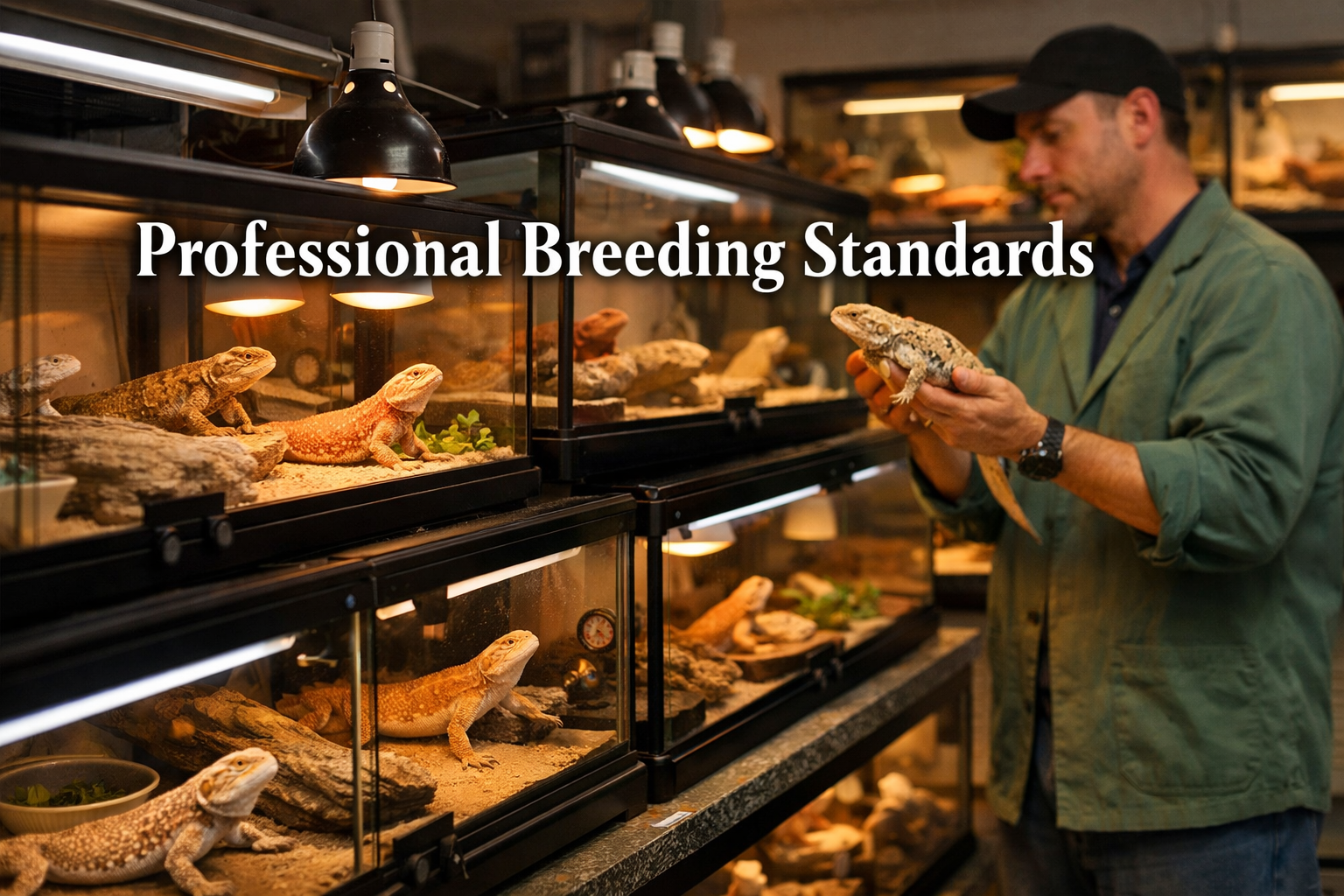Landscape format (1536x1024) image showing a professional reptile breeder facility with multiple glass terrariums containing healthy bearded